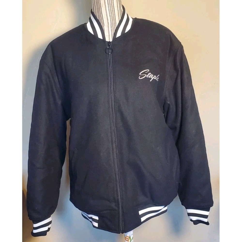 Men's Staple Pigeon Wool Blend Varsity/ Bomber Jacket Sz M Black Quilted Zip NWT